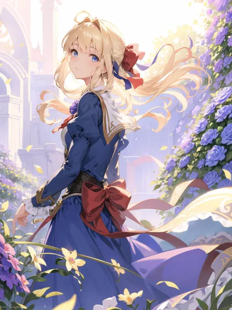 masterpiece, best quality,
<lora:violet_evergarden_lora:0.8>, violet evergarden, 1girl, elegant, masterpiece, blue dress, realistic, mature female, intricate, beautiful, cowboy pose, closePOV, close up, absurdres, looking at viewer, <lora:KeTaStyle_v10:0.5>, blonde hair, flying flowers, ((flowers on air)), (smile:0.6), god ray, red ribbon behind hair,