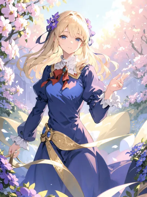 masterpiece, best quality,
<lora:violet_evergarden_lora:0.8>, violet evergarden, 1girl, elegant, masterpiece, blue dress, realistic, mature female, intricate, beautiful, cowboy pose, closePOV, close up, absurdres, looking at viewer, <lora:KeTaStyle_v10:0.5>, blonde hair, flying flowers, ((flowers on air)), (smile:0.6), god ray, red ribbon behind hair,