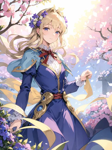 masterpiece, best quality,
<lora:violet_evergarden_lora:0.8>, violet evergarden, 1girl, elegant, masterpiece, blue dress, realistic, mature female, intricate, beautiful, cowboy pose, closePOV, close up, absurdres, looking at viewer, <lora:KeTaStyle_v10:0.5>, blonde hair, flying flowers, ((flowers on air)), (smile:0.6), god ray, red ribbon behind hair,