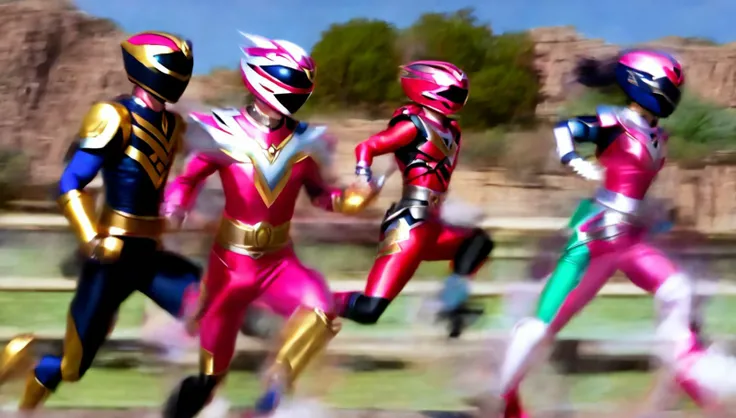 photo, group of power rangers running across a bridge (superranger style:1) <lora:djzSuperRangersV1-lyco:0.8>