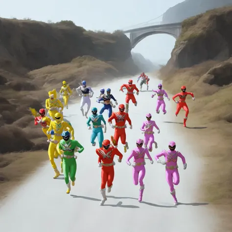 a photo, group of power rangers running across a bridge (superrangers style:1) <lora:djzSuperRangersV15-lycoris:0.8>