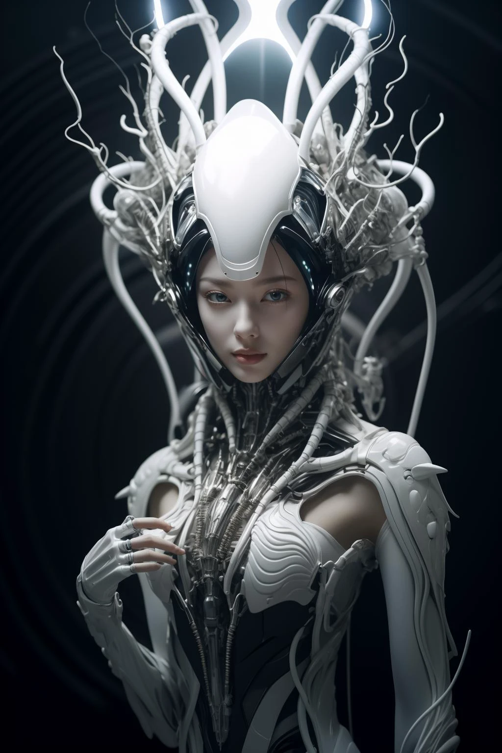(masterpiece1.2),(best quality:1.2),(raw photo),ptp girl, solo,(upper body),jumping,robot woman by cybernetic ludum dare, (light smile:0.85),looks at viewer,face to viewer,in the style of sci-fi baroque, (transparent glass helmet), translucent thin tubes linked with helmet,dark white,azure hue, glowing zure_color light,8k resolution, machine aesthetics, intricate detail, hyper-realistic sci-fi, futuristic organic,(high key lighting),the bodysuit composed of various translucent mechanical parts, cyberpunk aesthetic. baroque xenomorph,dust in light,foggy,bokeh,kodak film,kodak portra 400,natural skin, true skin texture,<lora:baroque xenomorph-000008:0.6>,