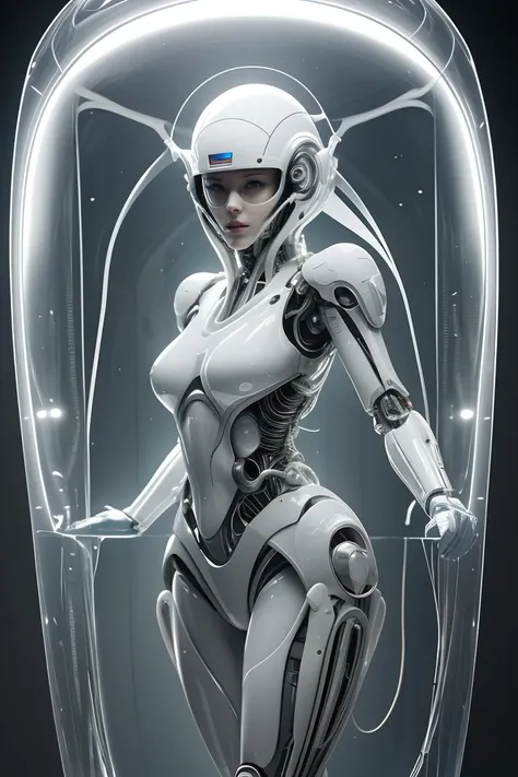full body, (masterpiece:1.2),(best quality:1.2),(raw photo),ptp girl, solo,(upper body),jumping,robot woman by cybernetic ludum dare, (light smile:0.7),looks at viewer,face to viewer,in the style of sci-fi baroque, (transparent glass helmet), translucent thin tubes linked with helmet,dark white, 8k resolution, machine aesthetics, intricate detail, hyper-realistic sci-fi, futuristic organic,(high key lighting),the bodysuit composed of  various translucent mechanical parts, cyberpunk aesthetic. baroque xenomorph,dust in light,foggy,bokeh,kodak film,kodak portra 400,natural skin, true skin texture, <lora:baroque xenomorph-000008:0.8>