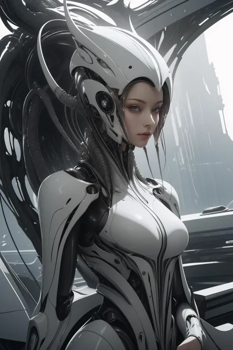 (masterpiece1.2),(best quality:1.2),(raw photo),ptp girl, solo,(upper body),robot woman by cybernetic ludum dare, (light smile:0.7),looks at viewer,face to viewer,in the style of sci-fi baroque, dark white, 8k resolution, machine aesthetics, intricate detail, hyper-realistic sci-fi, futuristic organic,(high key lighting),lens flare,the bodysuit composed of  various translucent mechanical parts, cyberpunk aesthetic. baroque xenomorph,dust in light,foggy,bokeh,kodak film,kodak portra 400,natural skin, true skin texture,<lora:baroque xenomorph-000008:0.5>,