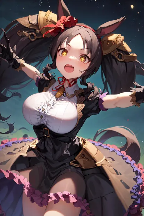 masterpiece, best quality,
marvelous sunday \(umamusume\),
night sky, starry sky,
cowboy shot,
outstretched arms, open mouth, 
hair flower, hair ornament, red hairband, black gloves, puffy short sleeves, neck ribbon, brooch, collared shirt, white shirt, center frills, underbust, black bow, high-waist skirt, black skirt, layered skirt, frilled skirt, black dress, frilled dress, 
<lora:marvelous_sunday_loha:0.8>