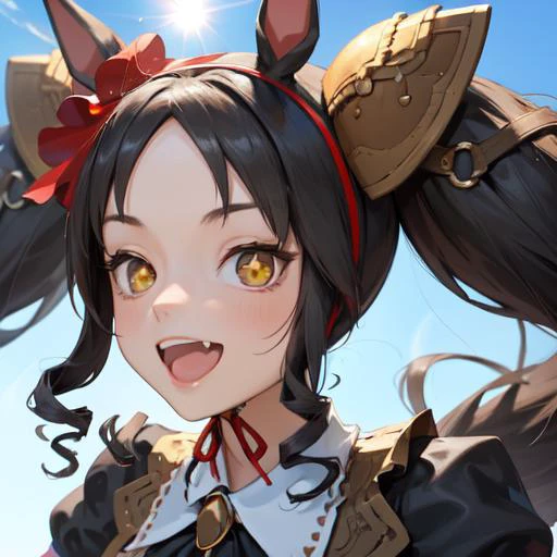 masterpiece, best quality, close up, face shot,
marvelous sunday \(umamusume\),
blue sky, sun shining,
smile, open mouth, wink, look at viewer,
hair flower, hair ornament, red hairband, black gloves, puffy short sleeves, neck ribbon, brooch, collared shirt, white shirt, center frills, underbust, black bow, high-waist skirt, black skirt, layered skirt, frilled skirt, black dress, frilled dress, 
<lora:marvelous_sunday_loha-000007:0.8>