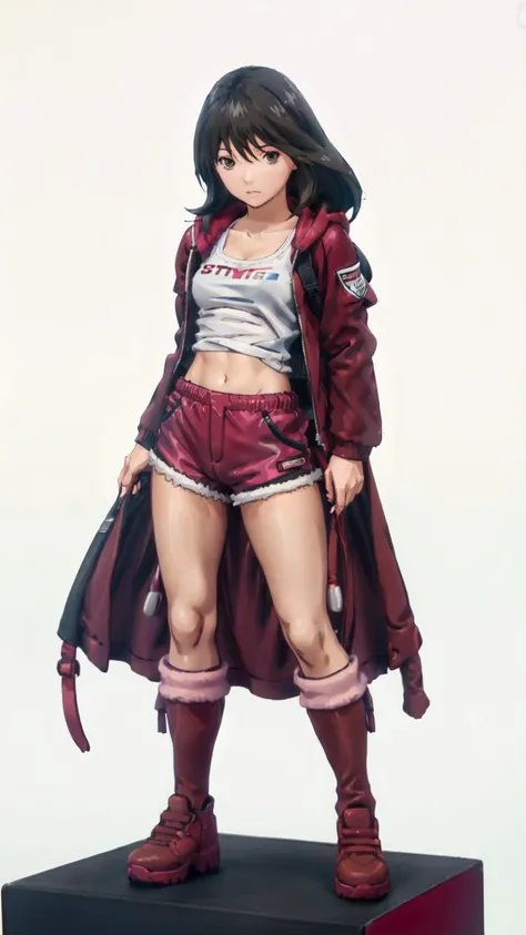 ddstyle,
masterpiece, best quality,
solo, vivid color
<lora:Misaki-002:0.8> 1girl, solo, brown eyes, black hair
white tanktop, red hooded jacket,
pink shorts,
<lora:Pmini_v4.0:0.8> PMINI STYLE, MINIATURE, on a base