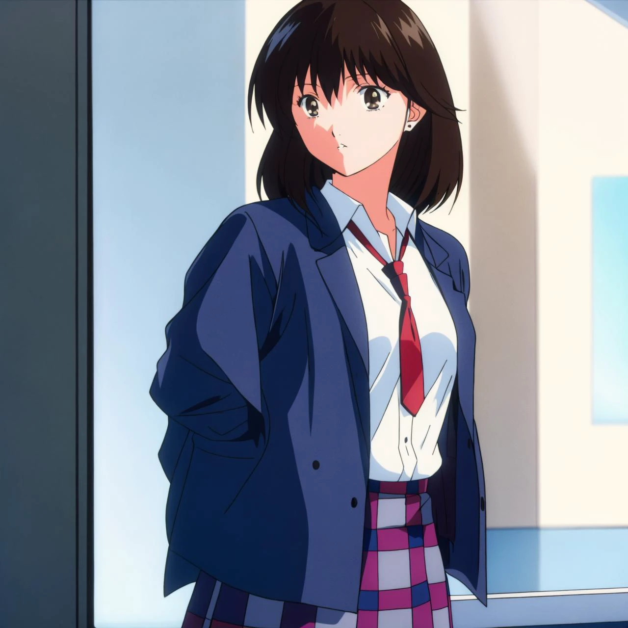 masterpiece, best quality,
solo, vivid color
<lora:Misaki-002:0.8> 1girl, solo, brown eyes, black hair
school uniform, white shirt, red checkered skirt, cardigan, blue jacket, necktie,
<lora:80sv1:0.5> 1980S \(STYLE\)