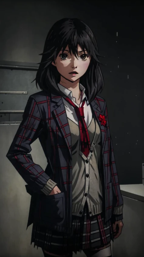 ddstyle,
masterpiece, best quality,
solo, vivid color
 <lora:Misaki-002:0.8> 1girl, solo, brown eyes, black hair 
school uniform, white shirt, red checkered skirt, cardigan, blue jacket, necktie,
<lora:DarkestDungeonV2:0.75> darkest dungeon,