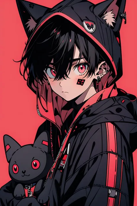 (best quality, masterpiece:1.2),1boy,niji,hood,black hair,pink background,hood up,hair between eyes,looking at viewer,stuffed toy,solo,holding,animal hood,simple background,holding stuffed toy,jewelry,stuffed animal,pink eyes,earrings,upper body,bangs,closed mouth,sleeves past wrists,hoodie,long sleeves,jacket,zipper,bandaid,cat hood,red eyes,black hoodie,black jacket,animal ears,fake animal ears,crossed bangs,1boy,1girl,male focus,hooded jacket,