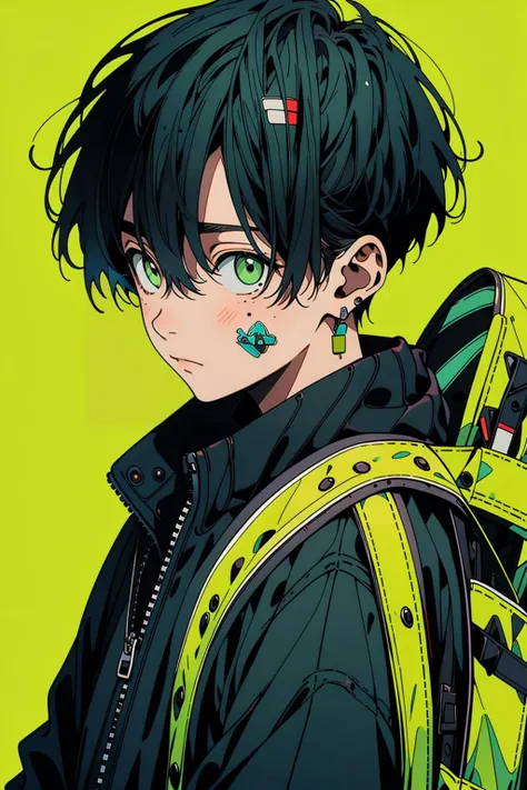 (best quality, masterpiece:1.2),1boy,niji,black hair,green eyes,jacket,solo,looking at viewer,short hair,black jacket,backpack,bandaid on face,mole,closed mouth,upper body,hair between eyes,mole under eye,stuffed toy,green theme,