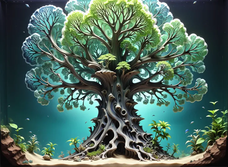 gigantic tree, green/blue/white <lora:Maximalist_Drawing_BW:0.89>, fractal, PStyl3, negative space, abstract, hyper-detailed, hyper-realistic, hyper-maximalist, extreme life-life, extreme intricate, <lora:BG2_dpep4+silicon29dim64:1>, <lora:sdxl_isoland:1>, iso island, contained in aquarium, glass aquarium