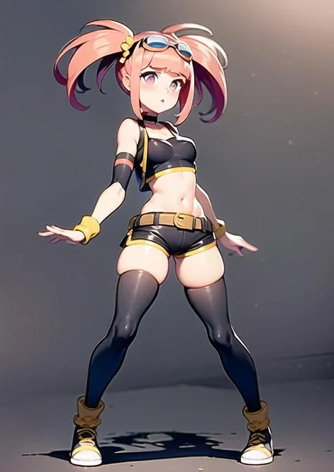 1 girl smiling, golden eyes, pink and black hair, short hair bob cut, big breasts, thick thighs, crop top, mini skirt, thigh stockings, glasses, choker, forest background, blurred bottom, all-star sneakers
