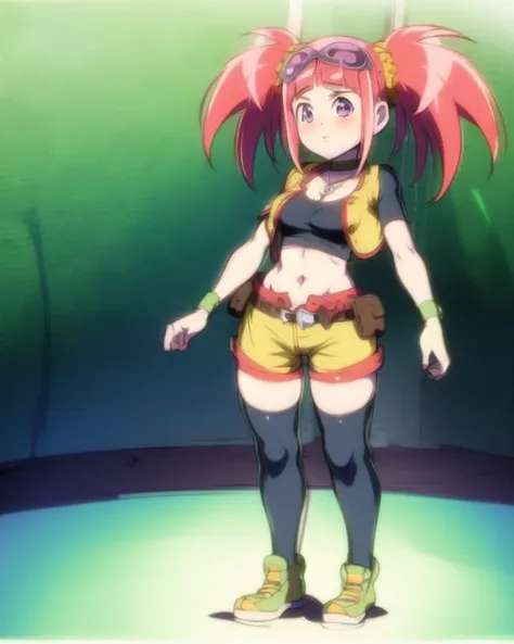 (insanely detailed, masterpiece, best quality), full body, solo, standing, <lora:Zoe DrakeV2:1>
Zoe Drake,1girl, blush, bangs, navel, twintails, jewelry, purple eyes, pink hair, goggles, goggles on head,
choker, midriff, open clothes, thighhighs, crop top, open vest, shorts, shoes, belt, wristband,
black thighhighs, black crop top, yellow vest, yellow shorts, green shoes, vest over crop top, <lora:kyockcho:.5>