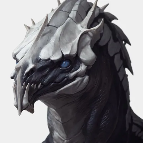 <lora:Khanivore_v1-000003:0.6>,khanivore,anthro,detailed face,detailed eyes,((masterpiece)),best quality,portrait,simple background,blue eyes,white background,looking at viewer,symmetrical,realistic scales,bone comb,slit pupils,