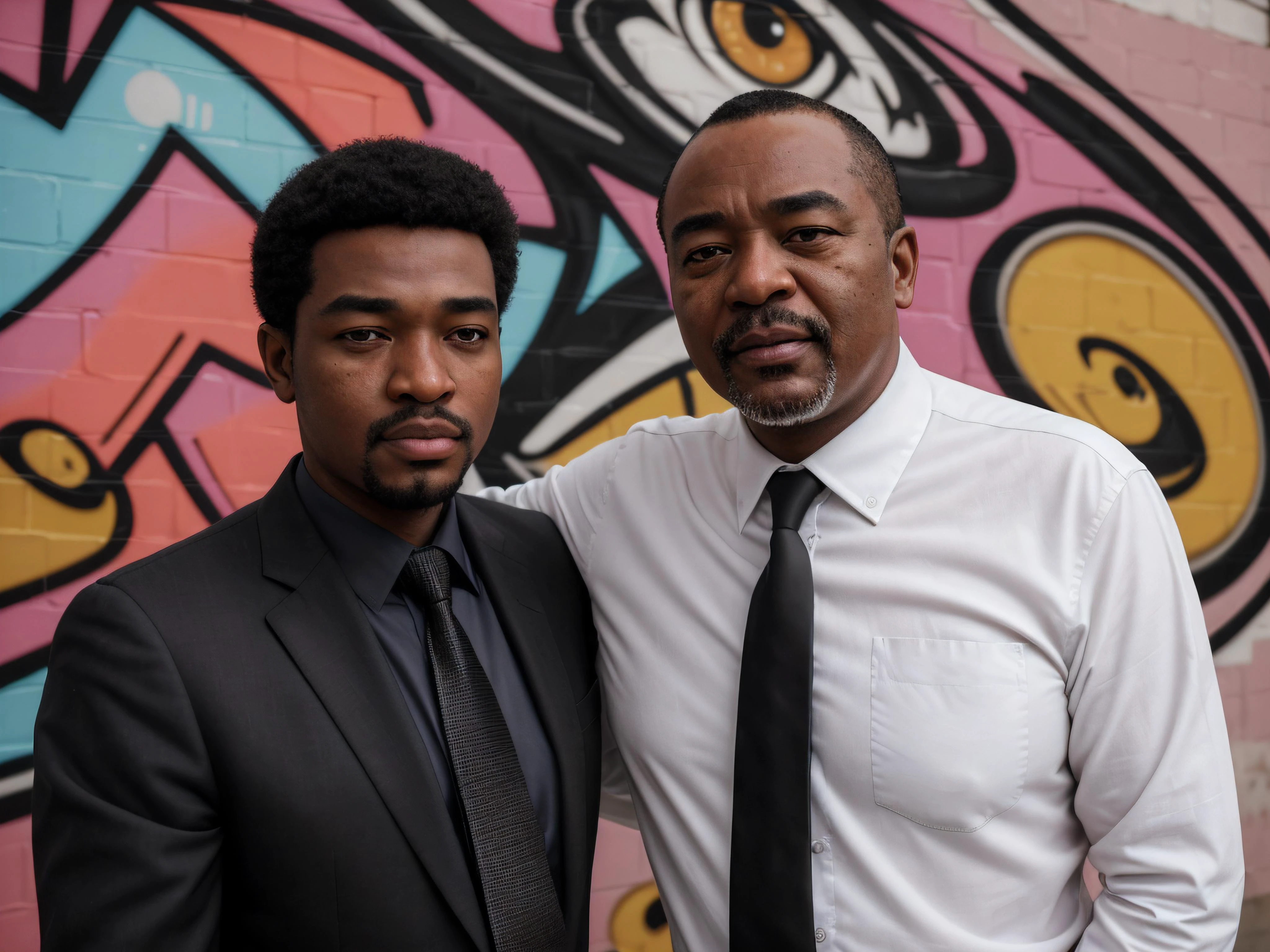 RAW photo of a man:best quality, 1man, standing, (white shirt), collared shirt, black necktie, black trousers, slight smile, corneo_makima and old man, gabon, skin color medium to dark ebony, face:Square Oblong Face, drooping eyelids, [eye color brown], long nose, soft lip contours, round cheeks, crooked chin,a large graffiti mural adorning the exterior of an urban warehouse