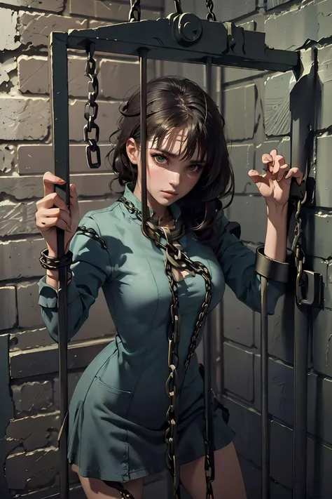 (masterpiece:1.1), (highest quality:1.1), 1girl, <lora:prison:1> , chain, against wall, prison, iron bars,