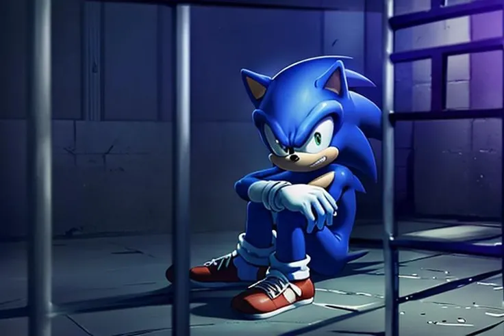 Highly detailed, High Quality, Masterpiece, sonic the hedgehog, blue skin, basesonic,  in_prison,  <lora:in_prisonV2:1.0>, , in_prison,sitting,looking at viewer, boring, prison bars in foreground, (blurry foreground:1.2), blurry,dark theme,<lora:lowRA:0.5>,  wide shot,  crazy eyes, angry,  <lora:Constricted Pupils5:0.3>, constricted pupils, small pupils
