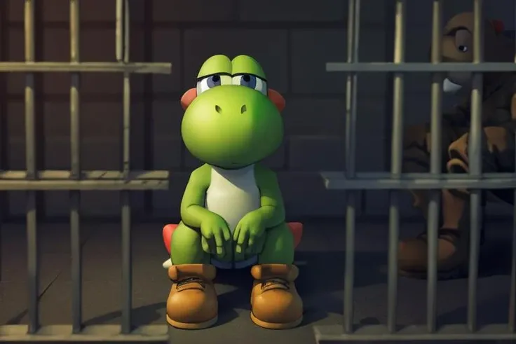 Highly detailed, High Quality, Masterpiece, yoshi, in_prison, <lora:in_prisonV2:1.0>, in_prison,sitting,looking at viewer, boring, prison bars in foreground, (blurry foreground:1.2), blurry,dark theme,<lora:lowRA:0.5>, wide shot, <lora:yoshi:1.0>, green skin, boots,