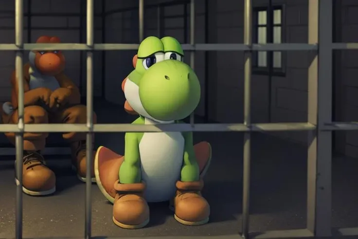 Highly detailed, High Quality, Masterpiece, yoshi,    in_prison,  <lora:in_prisonV2:1.0>, in_prison,sitting,looking at viewer, boring, prison bars in foreground, (blurry foreground:1.2), blurry,dark theme,<lora:lowRA:0.5>,  wide shot, <lora:yoshi:1.0>, green skin, boots,