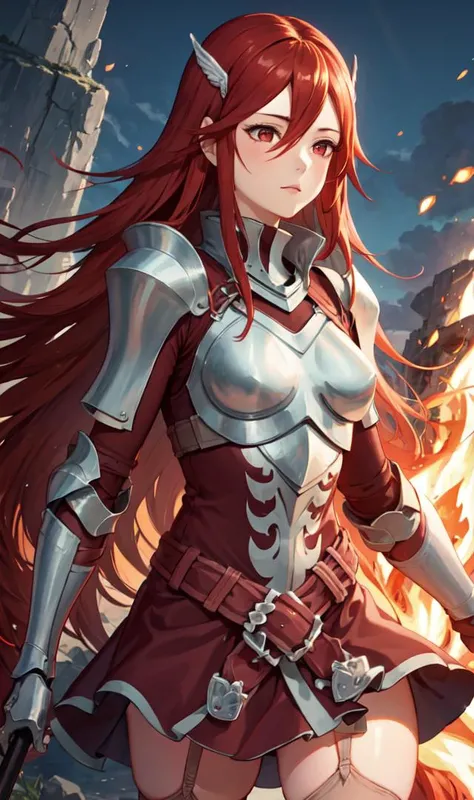 1girl, cordelia fe, hair ornament, red eyes, red hair, wallpaper, landscape, depth of field, night, night sky, light particles, light rays, sidelighting, thighs, armor, breastplate, gauntlets, red skirt, belt, garter straps, thighhighs, cloud, (arm at side, hand in own hair, turning head), nervous smile, <lora:cordelia:1>