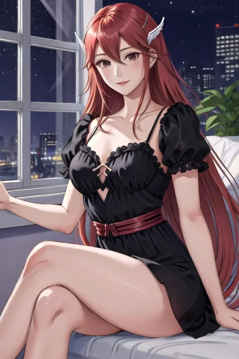 <lora:cordelia2-10:0.7>, cordelia fe, 1girl, solo, looking at viewer, bedroom background, sitting, smug, smile, hair ornament, window, night, (chemise, black outfit, crossed legs), thick thighs, thigh band