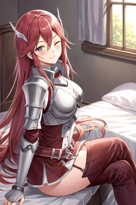 <lora:cordelia2-10:0.8>, cordelia fe, 1girl, solo, looking at viewer, blush, sitting, on bed, seductive smile, armor, breastplate, thigh boots, hair ornament, garter straps, dress, skirt, crossed legs, one eye closed, bent over, from side, looking at viewer
