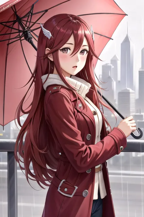 <lora:cordelia2-10:0.8>, cordelia fe, 1girl, solo, looking at viewer, city background, :o, blush, red overcoat, pants, rain, umbrella, hair ornament