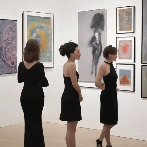 Scene 19: A modern art gallery opening featuring immersive installations and interactive exhibits. The woman wears a form-fitting black dress with geometric patterns that complements the contemporary artwork surrounding her. Her hair is styled in an elegant updo, giving off an air of sophistication as she engages with fellow art enthusiasts and collectors while enjoying the unique experience offered by the gallery.<lora:åéå°å§-000008:1>,