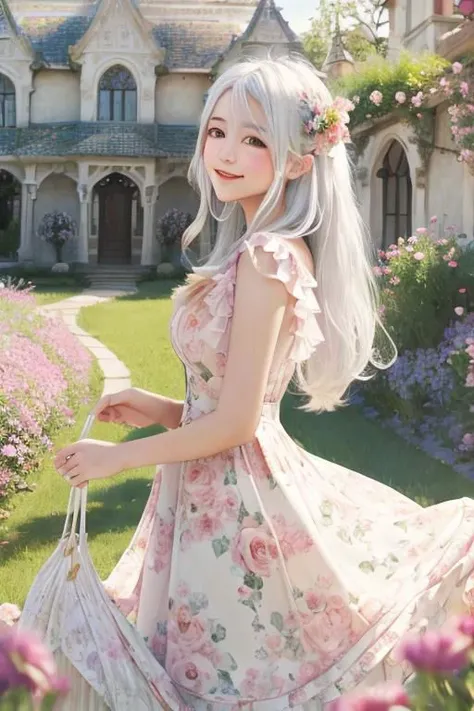 1girl, monet color, standing, blush, smile, cute, outdoors, (fantasy:1.3, majestic architecture:1.3), floral print, sundress, close shot, white hair, long hair, the whole body, oil painting, post-impressionist, soft lighting