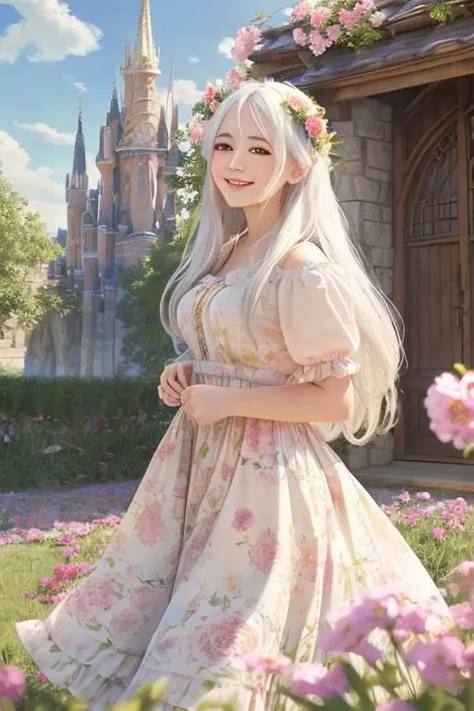 1girl, monet color, standing, blush, smile, cute, outdoors, (fantasy:1.3, majestic architecture:1.3), floral print, sundress, close shot, white hair, long hair, the whole body, oil painting, post-impressionist, soft lighting