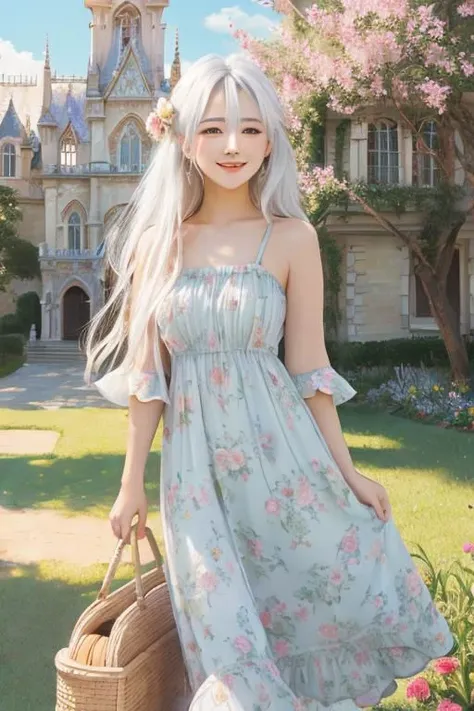 1girl, monet color, standing, blush, smile, cute, outdoors, (fantasy:1.3, majestic architecture:1.3), floral print, sundress, close shot, white hair, long hair, the whole body, oil painting, post-impressionist, soft lighting