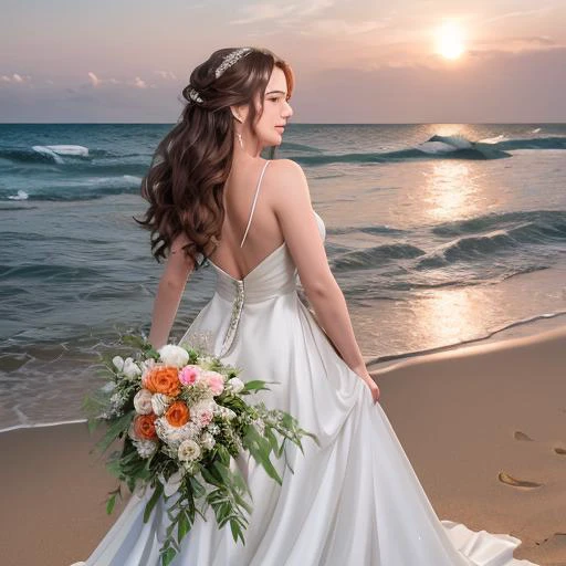 de wedding ceremony. The sun is setting over the ocean,casting a warm golden light on the sandy shore. The bride in this scene wears a flowing white gown that billows gently in the sea breeze. Her hair is styled in loose curls cascading down her back,and she carries a simple bouquet of wildflowers. Surrounded by family and friends,the atmosphere is one of love and celebration as they watch the couple exchange vows,<lora:å¦çæ´ç:1> ,looking at viewer,, masterpiece,best quality,CG 8k wallpaper,illustration,absurdres, city lights,