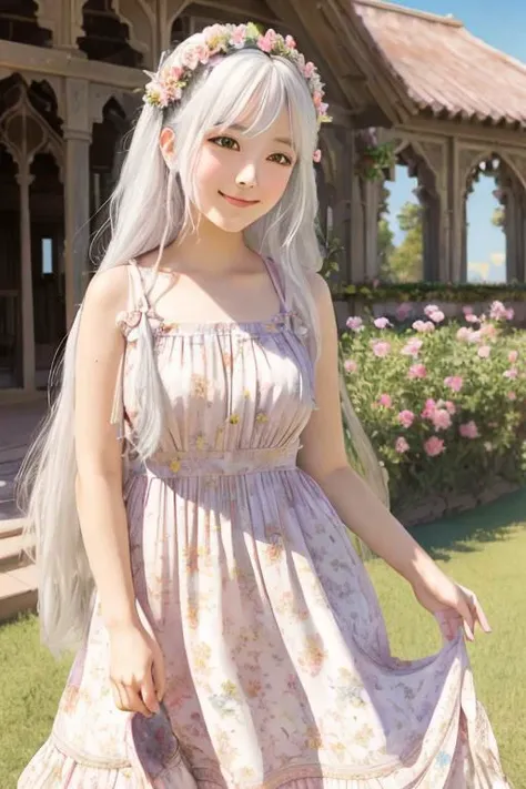 1girl, monet color, standing, blush, smile, cute, outdoors, (fantasy:1.3, majestic architecture:1.3), floral print, sundress, close shot, white hair, long hair, the whole body, oil painting, post-impressionist, soft lighting