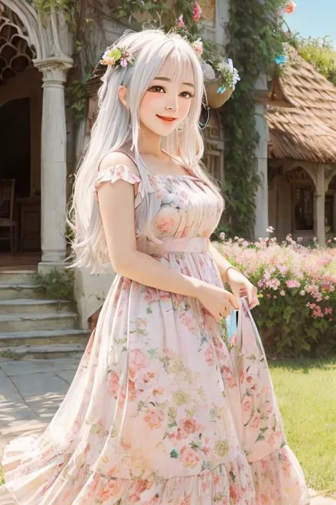 1girl, monet color, standing, blush, smile, cute, outdoors, (fantasy:1.3, majestic architecture:1.3), floral print, sundress, close shot, white hair, long hair, the whole body, oil painting, post-impressionist, soft lighting