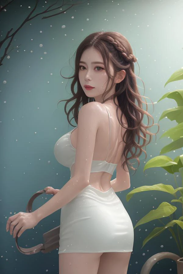 1girl,plant,potted_plant,solo,blurry,looking_at_viewer,leaf,bag,skirt,blurry_background,depth_of_field,parted_lips,wet,bra,see-through,long_hair,looking_back,blurry_foreground,braid,<lora:éé±¼æç²¾:1>,, masterpiece,best quality,CG 8k wallpaper,illustration,absurdres, city lights,