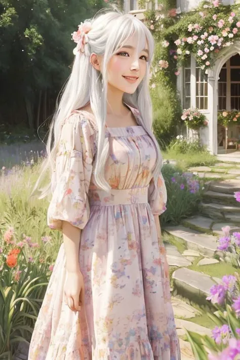 1girl, monet color, standing, blush, smile, cute, outdoors, (fantasy:1.3, majestic architecture:1.3), floral print, sundress, close shot, white hair, long hair, the whole body, oil painting, post-impressionist, soft lighting