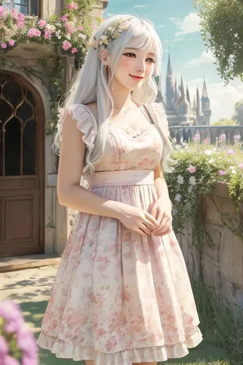 1girl, monet color, standing, blush, smile, cute, outdoors, (fantasy:1.3, majestic architecture:1.3), floral print, sundress, close shot, white hair, long hair, the whole body, oil painting, post-impressionist, soft lighting