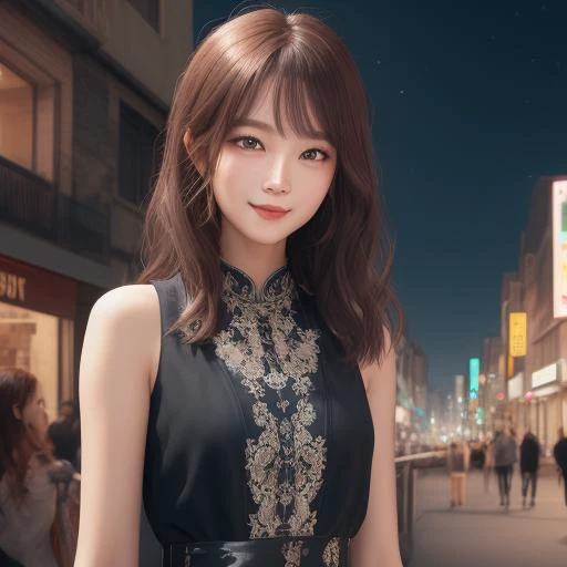 nice and fashionable,summer outskirts,face focus,light smile,<lora:è±ä¿æ½æ´-000002:1>,, masterpiece,best quality,CG 8k wallpaper,illustration,absurdres, city lights,