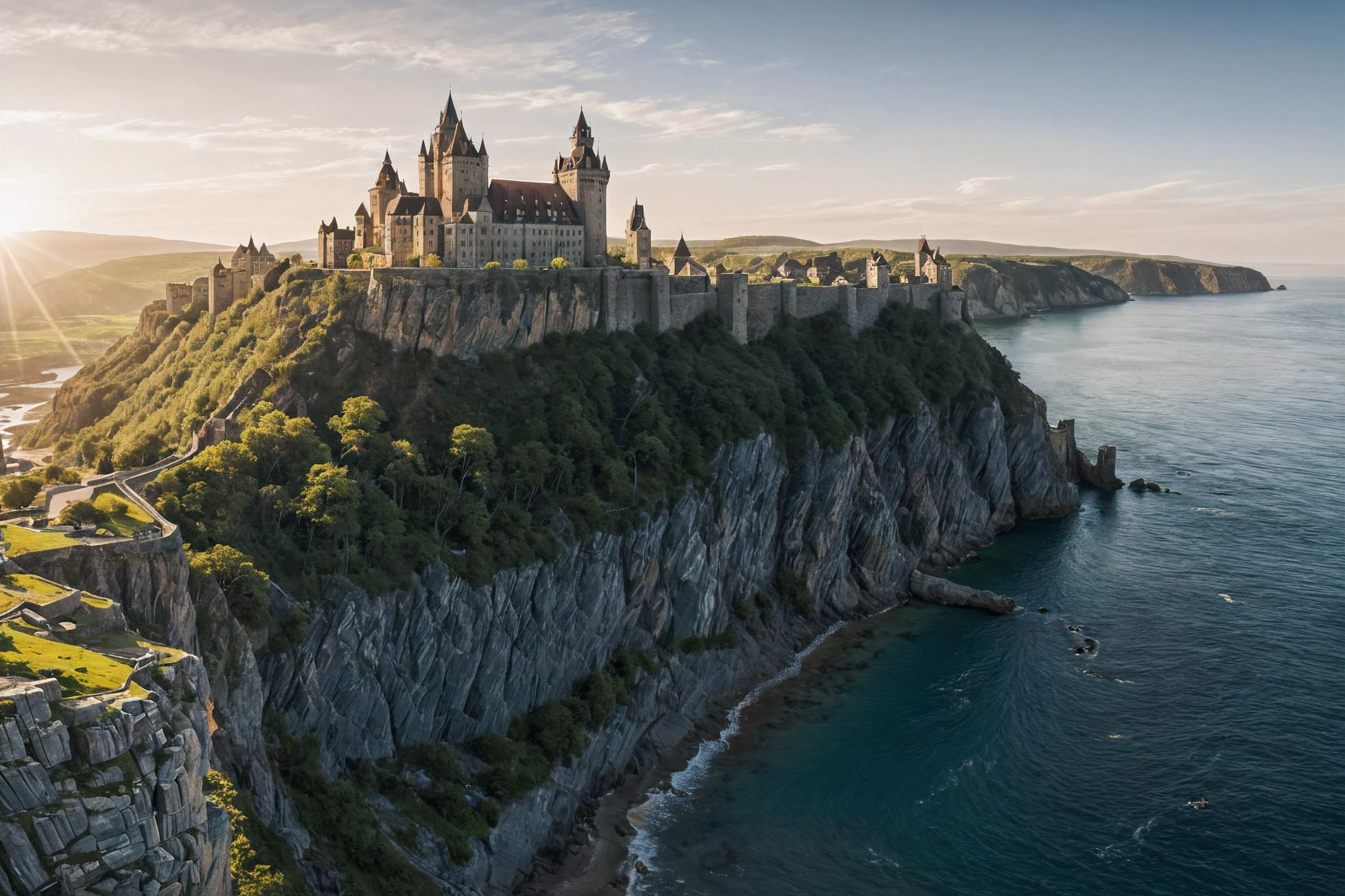 a castle on a cliff overlooking the ocean and a town on the other side of the cliff is a small town, Artur Grottger, panoramic view, a matte painting, regionalism, award-winning photograph, insane details, cinematic light, detailed, color grading, sunrise <lora:Instant_landscaper_XL:0.7>