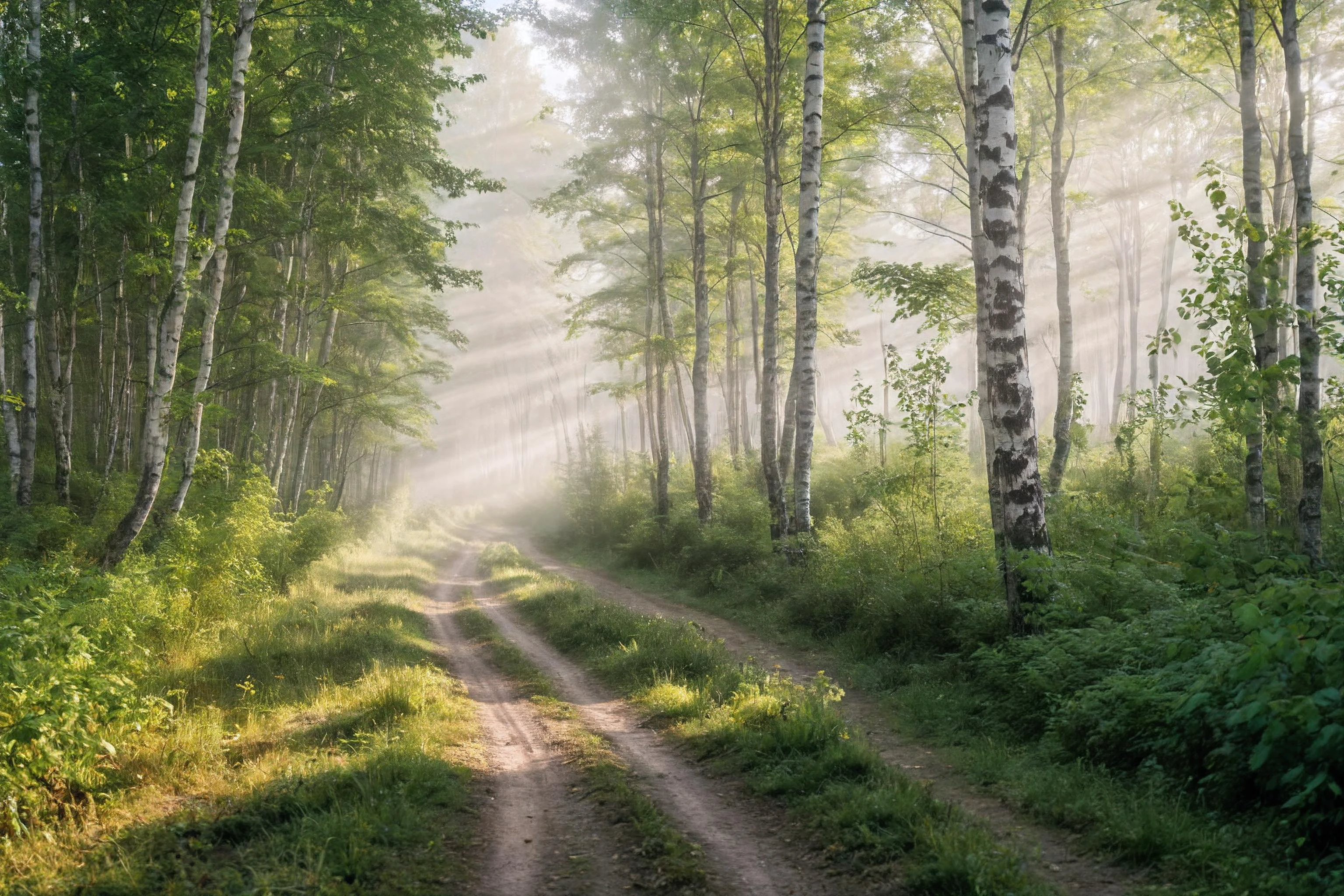 a dirt road surrounded by tall trees in the woods with fog in the air and a trail leading through the birch trees, Andor Basch, volumetric fog, tonalism, insane details, cinematic light, detailed, color grading, post processing, sunrise <lora:Instant_landscaper_XL:0.7>