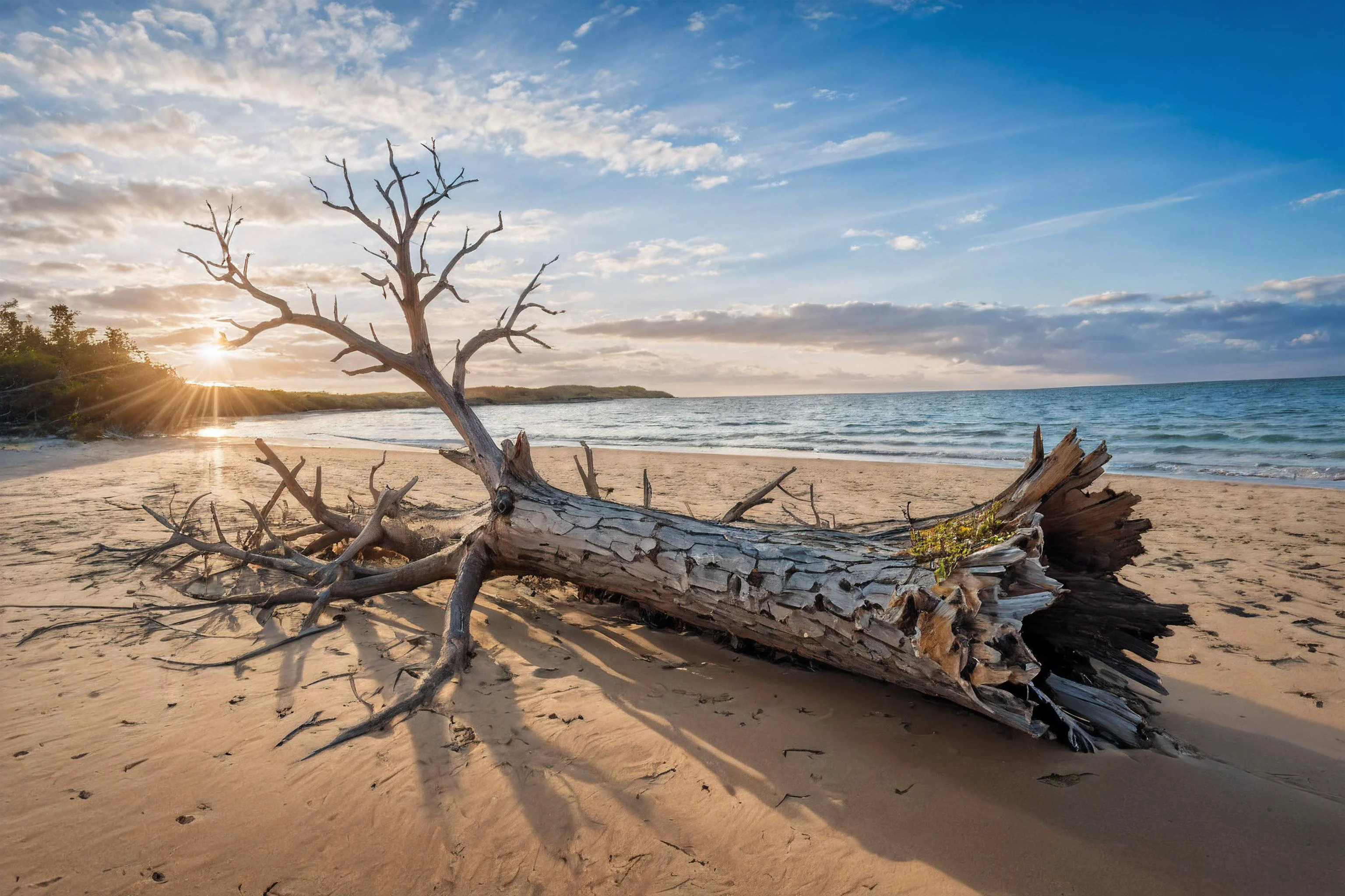 a dead tree that is sitting in the sand near the water on a beach with a blue sky and clouds, Florianne Becker, award - winning photography, a stock photo, ecological art, insane details, cinematic light, detailed, color grading, post processing, sunrise <lora:Instant_landscaper_XL:0.7>