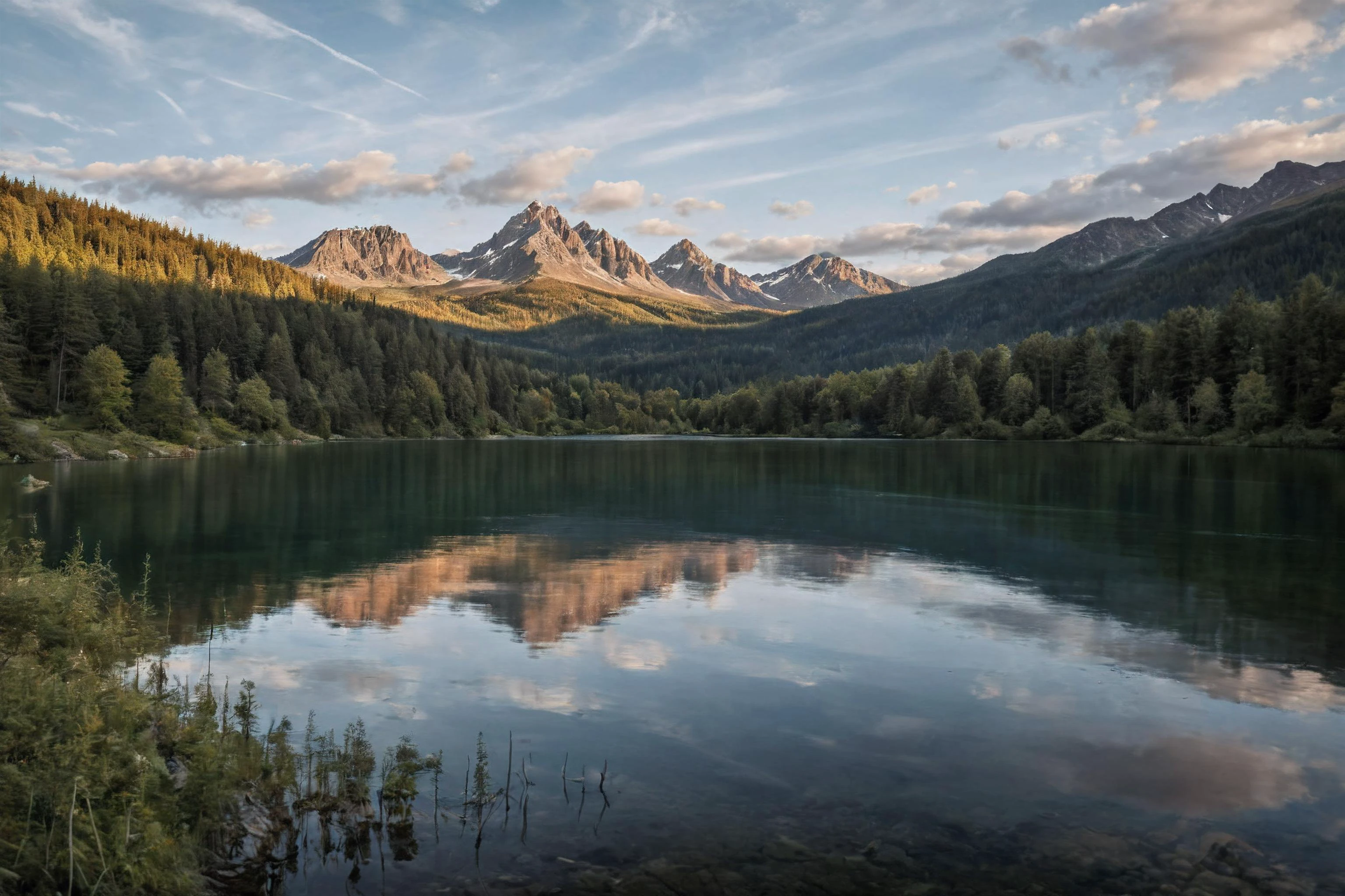 a lake with a mountain in the background and a cloudy sky above it with a few clouds in the sky, Derold Page, matte painting, naturalism, polarizing filter, insane details, cinematic light, detailed, color grading, post processing, sunrise <lora:Instant_landscaper_XL:0.7>