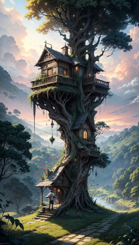 twin ponytails, boy, a masterpiece, house, levitating, trees, masterpiece, (intricate, dark cloud), ultra high res, absurdres, epic fantasy, Fujifilm XT3, fairy forest, random background, cozy., escape, landscape, forest, stephan martiniere, lake, jewely, silver structure, balanced exposure, (soft lighting:0.9), sofa, by M.C Escher and Zdzislaw Beksinski, magic book, wide angle full body, ((best quality)), looking at viewer, (landscape:0.8), warm moody light, ((realistic), a beautiful cyber style boy:1.2, (intricate details)), epic cityscape, (magical, hyper-detailed, by shawn coss, intricate details:1.12, ultra-detailed, man), glamour, ((ivy-covered house)), Flagstone road, (1girl:1.2), pink sunset, exotic flowers, home, "Countryside: Rolling hills, (raw), floating leaves, 8k, <lora:NijiExpressV2:0.42426406871192845>, (sunlight:1.2, mystical elements:0.9, fairy tale:0.75), cyberpunk, Sharp focus, beautiful, <lora:more_details:0.5303300858899106>