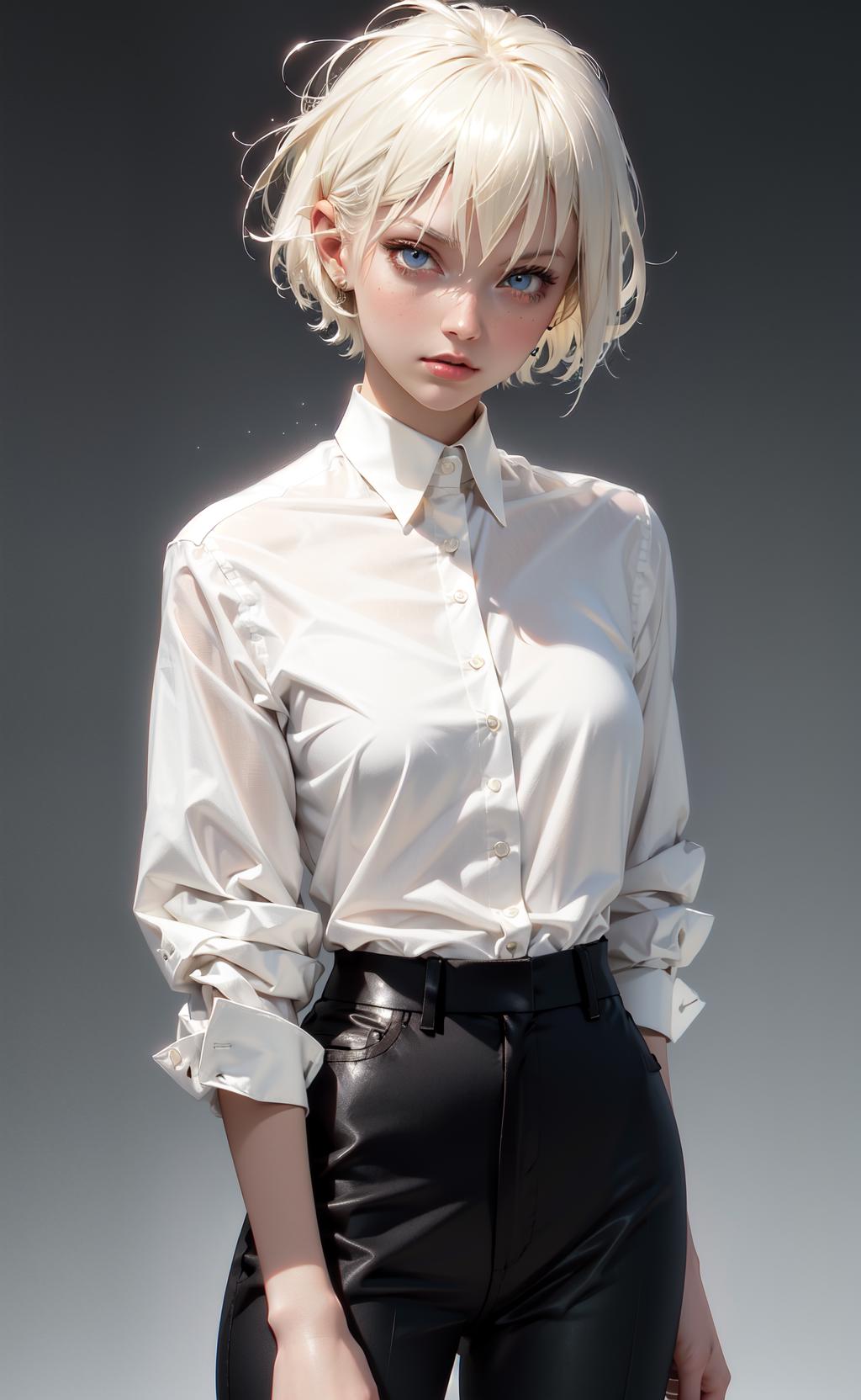 A close up of a woman in a white shirt and black pants - SeaArt AI
