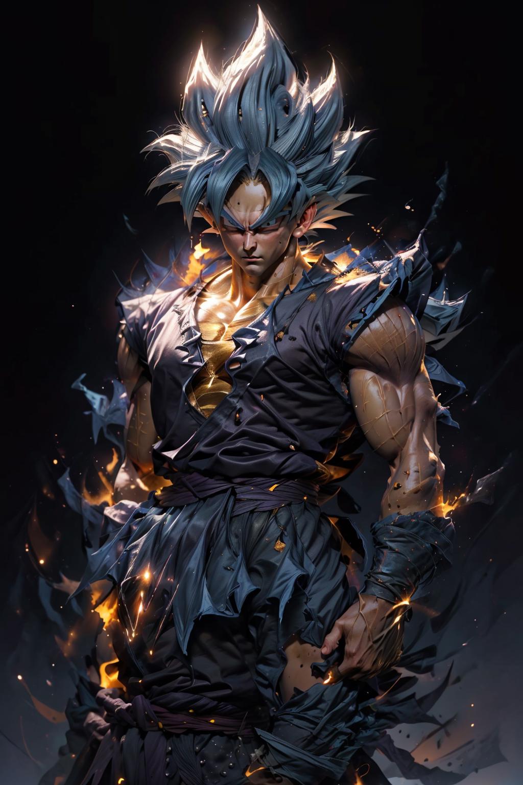 A man with a blue hair and a black outfit holding a sword - SeaArt AI