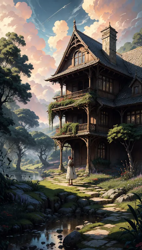 twin ponytails, girl, a masterpiece, house, levitating, trees, masterpiece, (intricate, dark cloud), ultra high res, absurdres, epic fantasy, Fujifilm XT3, fairy forest, random background, cozy., escape, landscape, forest, stephan martiniere, lake, jewely, gold structure, balanced exposure, (soft lighting:0.9), sofa, by M.C Escher and Zdzislaw Beksinski, magic book, wide angle full body, ((best quality)), looking at viewer, (landscape:0.8), warm moody light, ((realistic), a beautiful cyber style boy:1.2, (intricate details)), epic cityscape, (magical, hyper-detailed, by shawn coss, intricate details:1.12, ultra-detailed, man), glamour, ((ivy-covered house)), Flagstone road, (1girl:1.2), pink sunset, exotic flowers, home, "Countryside: Rolling hills, (raw), floating leaves, 8k, <lora:NijiExpressV2:0.42426406871192845>, (sunlight:1.2, mystical elements:0.9, fairy tale:0.75), cyberpunk, Sharp focus, beautiful, <lora:more_details:0.5303300858899106>