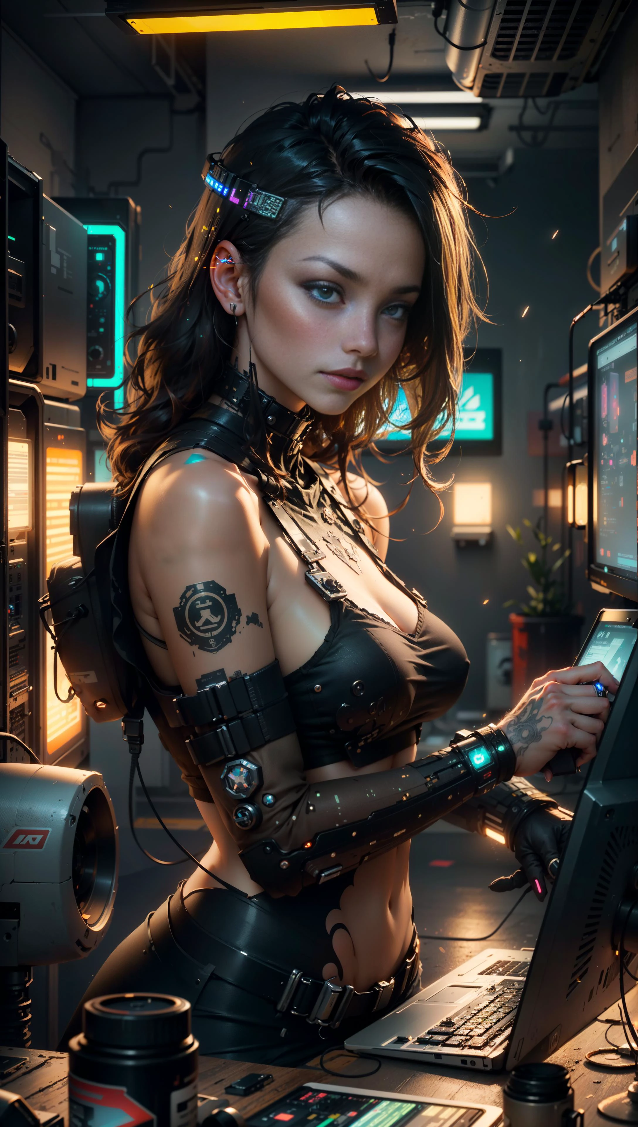 ((Best quality)), ((masterpiece)), (highly detailed:1.3), 3D, beautiful (cyberpunk:1.3) female hacker with thick voluminous hair operating a computer terminal, computer servers, LCD screens, fibre optic cables, corporate logos,HDR (High Dynamic Range),Ray Tracing,NVIDIA RTX,Super-Resolution,Unreal 5,Subsurface scattering,PBR Texturing,Post-processing,Anisotropic Filtering,Depth-of-field,Maximum clarity and sharpness,Multi-layered textures,Albedo and Specular maps,Surface shading,Accurate simulation of light-material interaction,Perfect proportions,Octane Render,Two-tone lighting,Low ISO,White balance,Rule of thirds,Wide aperature,8K RAW,Efficient Sub-Pixel,sub-pixel convolution,luminescent particles, <lora:NijiExpressV2:0.6>