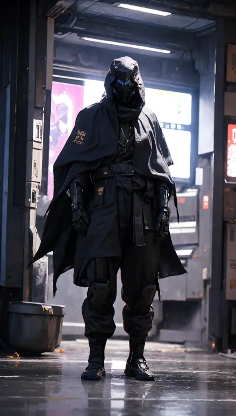 cyberfusion,Shinsengumi Haori assassin robot cyborg wearing robes cape,elite corporate security, cyberpunk shopping district <lora:cyberfusion:0.8> <lora:Shinsengumi_Haori:0.3> <lora:NijiExpressV2:0.4> <lyco:Robotaction:0.75>