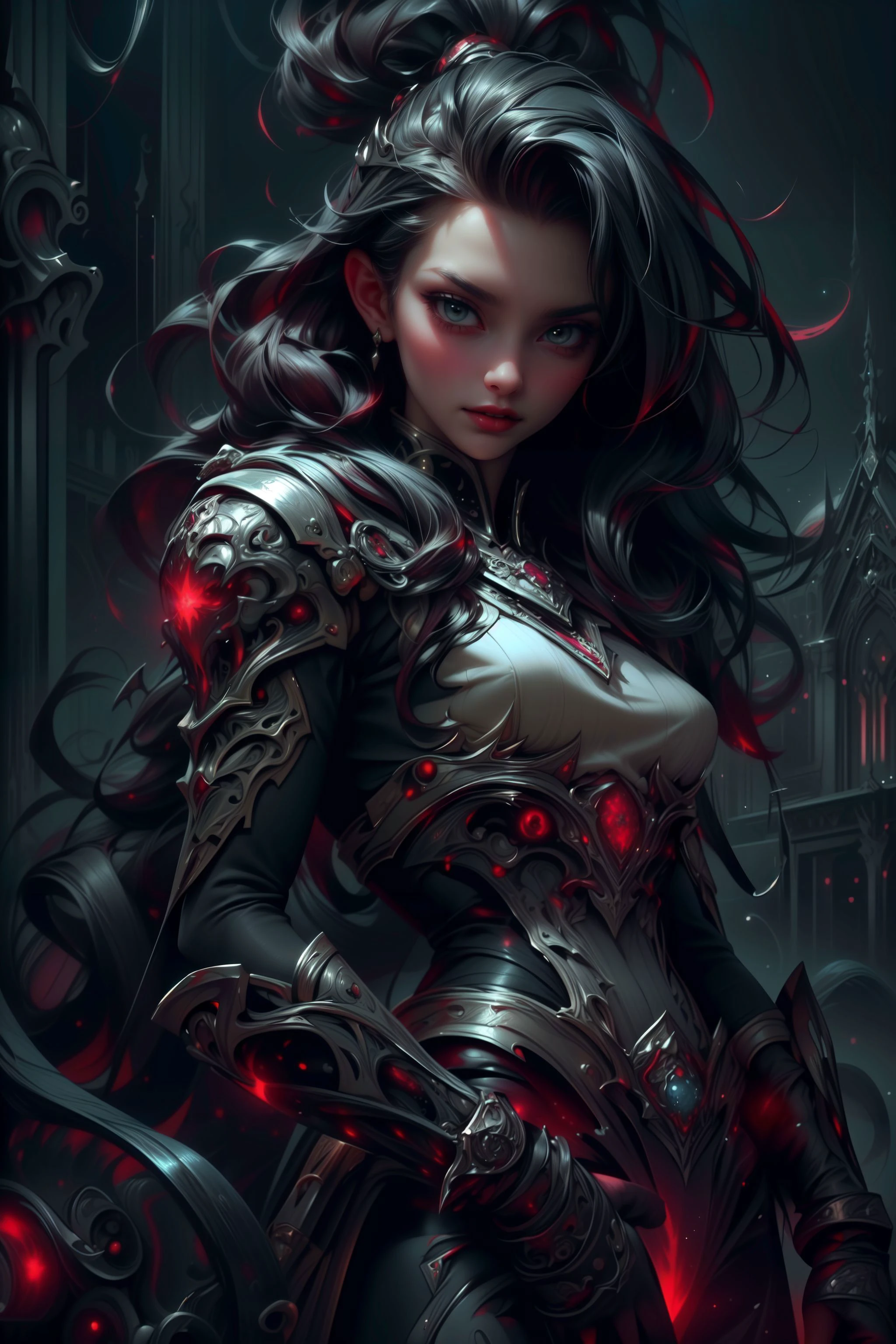 (masterpiece:1.4, best quality), (intricate details), unity 8k wallpaper, ultra detailed, (a fantasy vampire girl),illustration, full body, ethereal figure, otherworldly subjects, (style of Jeremy Mann:1.3), vivid hues, vamptech, blood, vampiric, sharp claws, cyberpunk, (bold use of colors:1.1), (wavy hair:1.15), very long hair, (red), intricate patterns, fusion of traditional and digital techniques, (cosmic landscapes:1.2), <lora:add_detail:1> <lora:NijiExpressV2:0.6> <lora:VampiricTech:1>